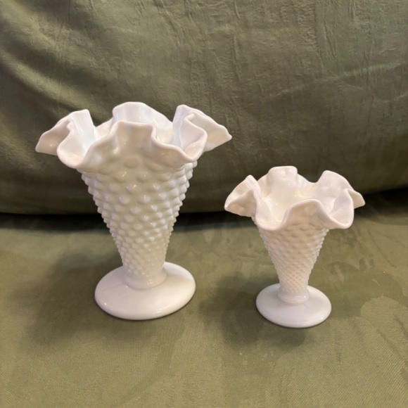 Fenton Milk Glass White Hobnail Ruffled Vase / Compote (pair) - Picture 1 of 7